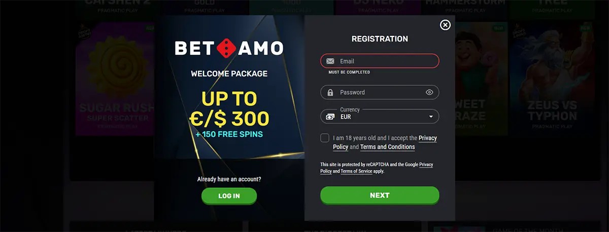 BetAmo Casino registration popup displaying a welcome package of up to €/$300 and 150 free spins. The form includes fields for email, password, currency selection (EUR), and a checkbox to accept the privacy policy and terms.