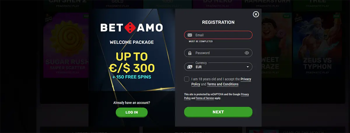 BetAmo Casino registration popup displaying a welcome package of up to €/$300 and 150 free spins. The form includes fields for email, password, currency selection (EUR), and a checkbox to accept the privacy policy and terms.